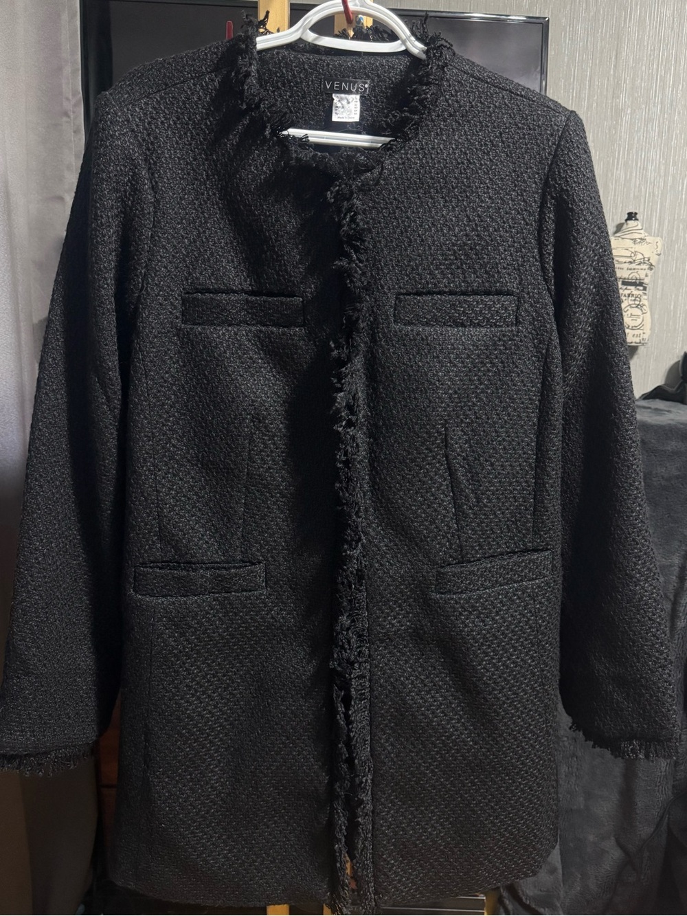 Venus Women's Black Textured Long Coat with Fringe Trim & Pockets Size 16